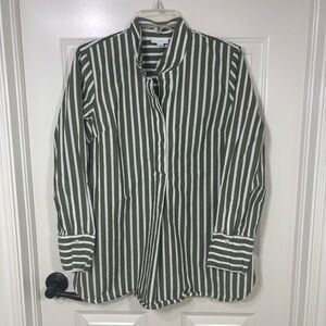 J. Jill Cotton Stand-Collar Tunic Olive and White Striped Shirt Women’s M